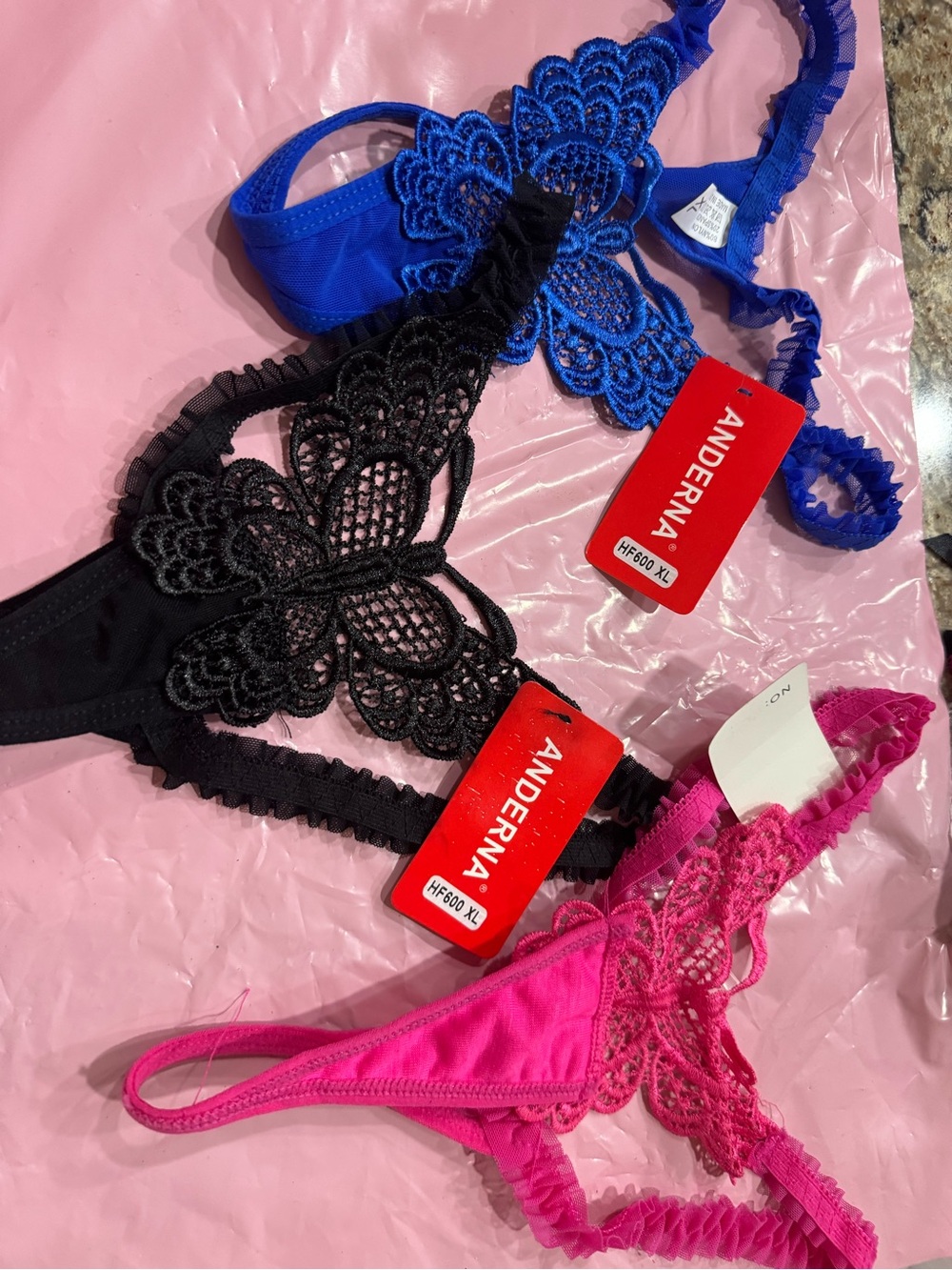 ANDERNA Lace Butterfly Thong Trio - Blue, Black, Hot Pink
